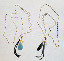 Load image into Gallery viewer, Manifestations: Angelite and Marcasite on Gold (LONG chain) ๐ (Blue, Gray and Gold)
