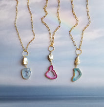 Load image into Gallery viewer, Rainbow 🌈Agate Slice Druzy on Pearls  (Blue, Turquoise, Pink)