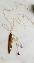 Load image into Gallery viewer, Amethyst Slice (Vertical &amp; Silver) &amp; Gold-dipped Feather with Purple Ombré💜
