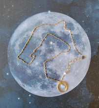 Load image into Gallery viewer, Intuition: Moonstone ๐in Circle on Gold (LONG chain)  (White and Gold)