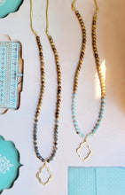 Load image into Gallery viewer, Gemstone Malas: Aquamarine & Sunstone & Labradorite Sandalwood Mala (Deer Leather)