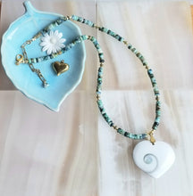 Load image into Gallery viewer, Beachy Shiva Shell Heart on Chrysocolla ππππββοΈπ₯½π΄ (Spiral on Gold, Blue, Green)