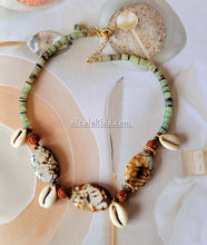 Load image into Gallery viewer, Trinidad: Recycled Java Glass with π Agates & Cowrie Shells π§ββοΈπ (Ferngreen & White & Maroon)