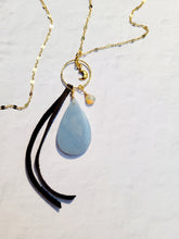 Load image into Gallery viewer, Manifestations: Angelite and Marcasite on Gold (LONG chain) ๐ (Blue, Gray and Gold)