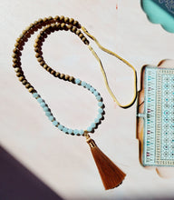 Load image into Gallery viewer, Gemstone Malas: Aquamarine & Sunstone & Labradorite Sandalwood Mala (Deer Leather)