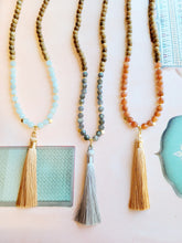 Load image into Gallery viewer, Gemstone Malas: Aquamarine & Sunstone & Labradorite Sandalwood Mala (Deer Leather)