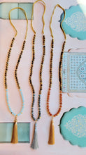 Load image into Gallery viewer, Gemstone Malas: Aquamarine & Sunstone & Labradorite Sandalwood Mala (Deer Leather)