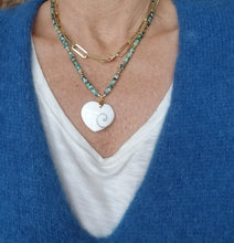 Load image into Gallery viewer, Beachy Shiva Shell Heart on Chrysocolla ππππββοΈπ₯½π΄ (Spiral on Gold, Blue, Green)