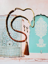 Load image into Gallery viewer, Gemstone Malas: Aquamarine & Sunstone & Labradorite Sandalwood Mala (Deer Leather)