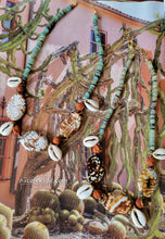 Load image into Gallery viewer, Trinidad: Recycled Java Glass with π Agates & Cowrie Shells π§ββοΈπ (Ferngreen & White & Maroon)