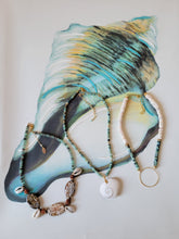 Load image into Gallery viewer, Trinidad: Recycled Java Glass with π Agates & Cowrie Shells π§ββοΈπ (Ferngreen & White & Maroon)