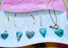 Load image into Gallery viewer, Turquoise Heart Talisman II on Gold (Kingman Turquoise with Bronze & Amazonite)