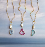 Rainbow 🌈Agate Slice Druzy on Pearls  (Blue, Turquoise, Pink)