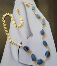 Load image into Gallery viewer, Kyanite Chevron: Denim-blue Kyanite ovals on gold chevron
