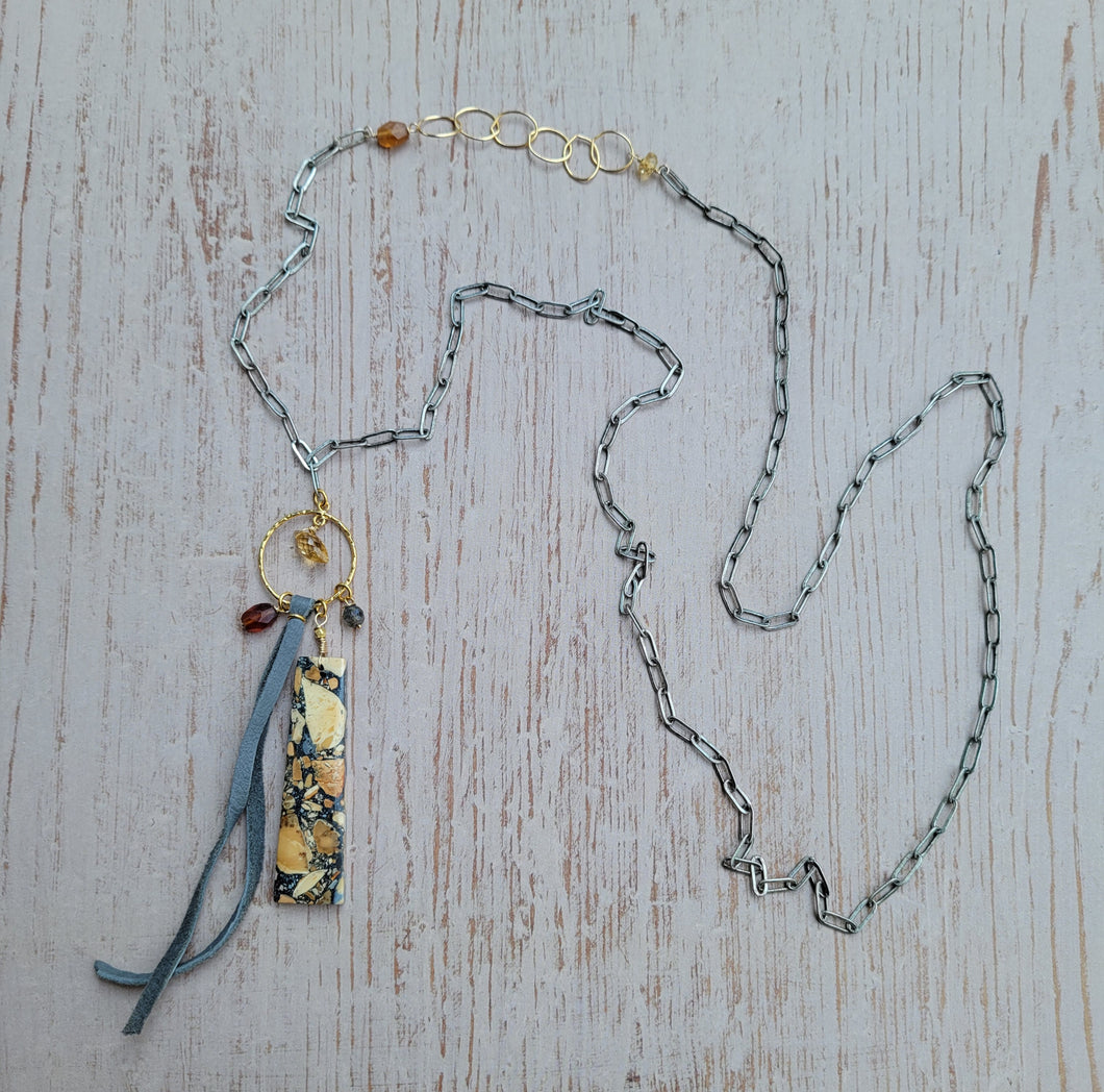 Maligano Jasper Rectangle on Antique Silver (LONG chain) 🍂