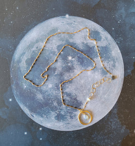 Intuition: Moonstone 🌙in Circle on Gold (LONG chain)  (White and Gold)