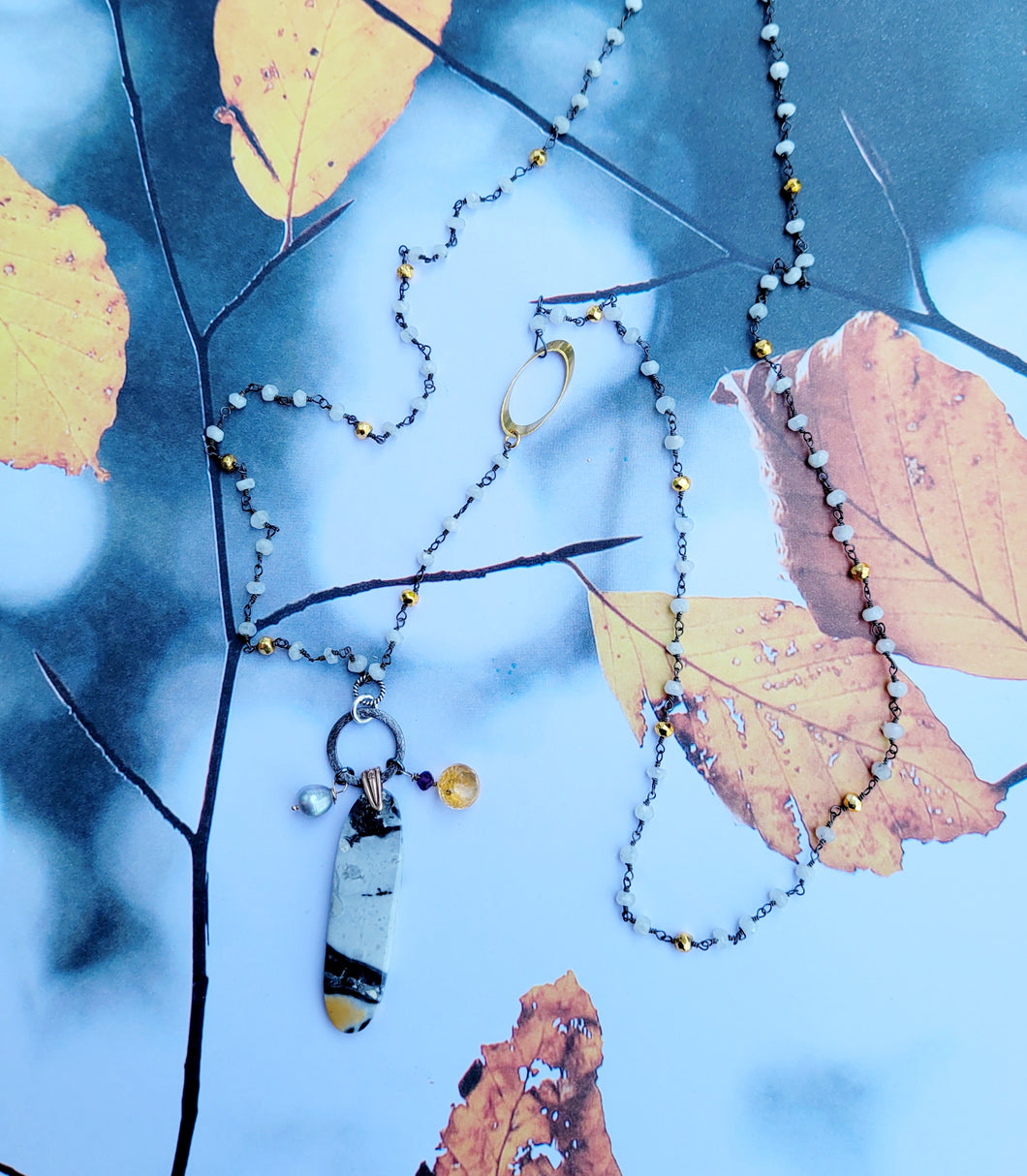 BumbleBee Jasper on Moonstone Rosary (with Yellow Citrine & Fresh Water Pearl)