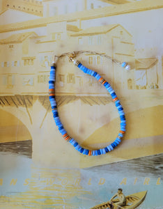 Lagos Choker: Recycled Java Glass 🧜‍♀️🏄 (Gold & Blues & Orange)