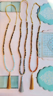 Gemstone Malas: Aquamarine & Sunstone & Labradorite Sandalwood Mala (Deer Leather)