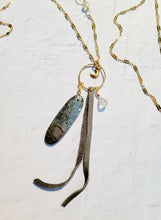 Load image into Gallery viewer, Manifestations: Angelite and Marcasite on Gold (LONG chain) 🍂 (Blue, Gray and Gold)
