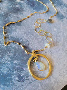 Intuition: Moonstone 🌙in Circle on Gold (LONG chain)  (White and Gold)