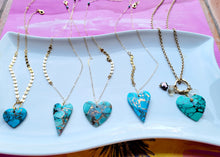 Load image into Gallery viewer, Turquoise Heart Talisman II on Gold (Kingman Turquoise with Bronze &amp; Amazonite)
